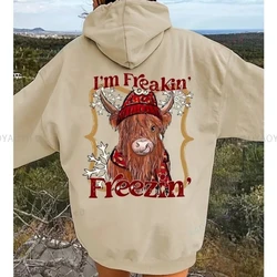 Cute Highland Cow Print Hoodie with Drawstring Casual Polyester Sweatshirt with Hood Alphabet & Animal Pattern Pocket Detail