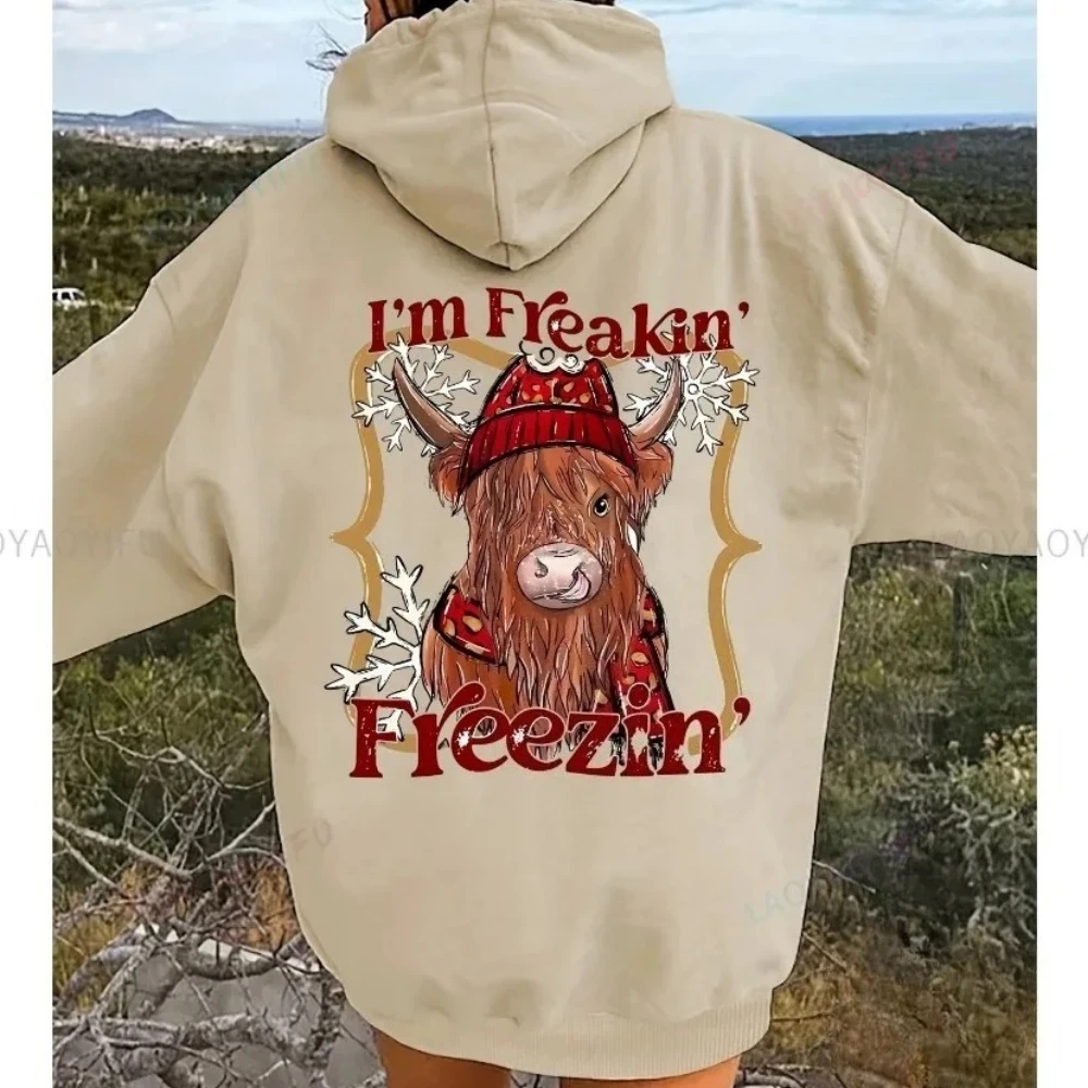 Cute Highland Cow Print Hoodie with Drawstring Casual Polyester Sweatshirt with Hood Alphabet & Animal Pattern Pocket Detail