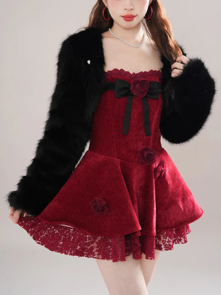 

Новый японский сексуальный сладкий элегантный комплект из 2 предметов, женские готические короткие пальто + красное мини-платье, французские винтажные шикарные вечерние наряды