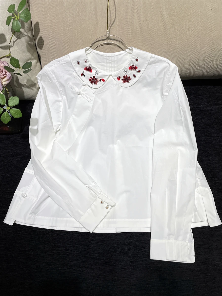 

Ele Collar White irt New Chinese Sle Heavy Handmade Beading Versatile Cotton Long Sve Women's Faion Top