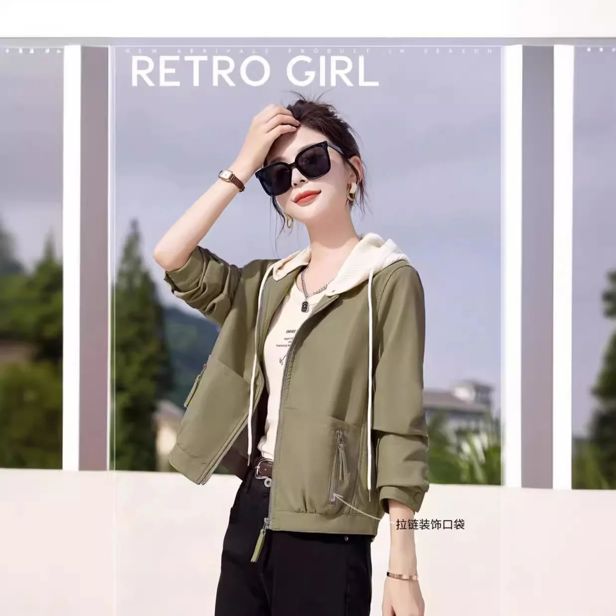 Hooded Short Women Coats Solid Jacket Turn Down Collar Zipper Pocket Long Sleeve Loose Fit Casual Office Lady 2025 Spring Autumn