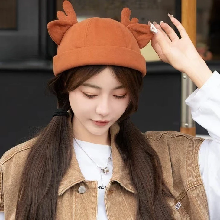 Cute Deer Antler Women's Docker Cap, Adjustable Cotton Skullcap Vintage Flat Brim Melon Cap Casual Spring Autumn Daily Headwear