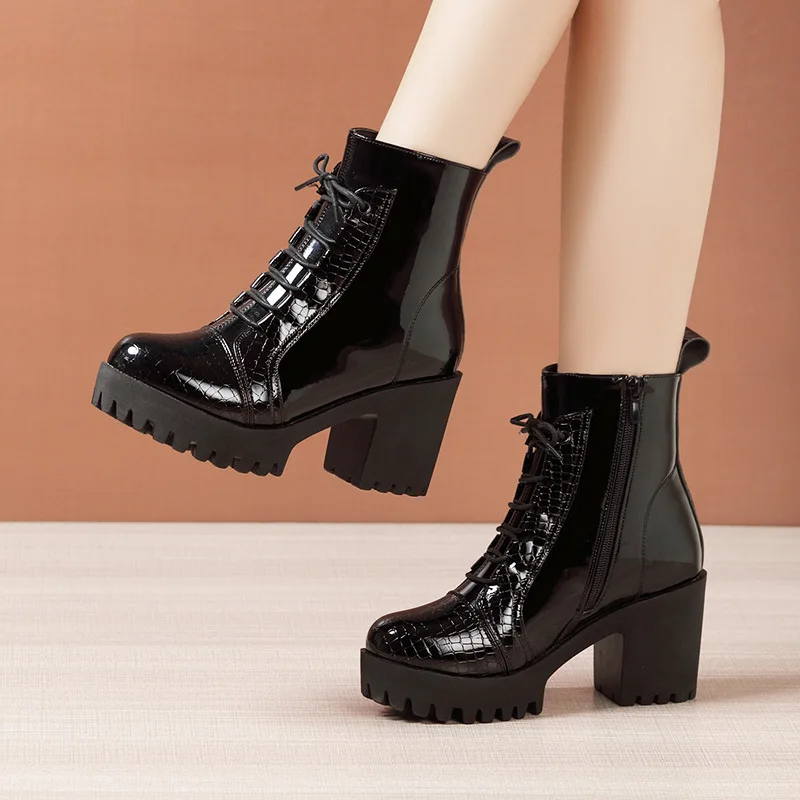 8cm Small Size 32-43 British Thick Bottom Platform Shoes Fall Winter 2024 Block High Heels Leather Short Ankle Boots for Women