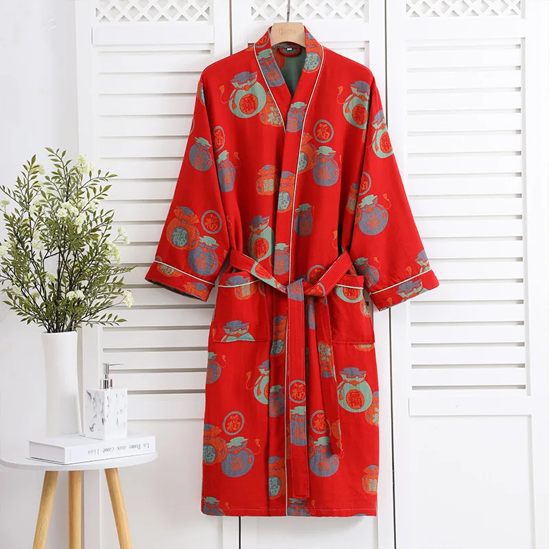 Spring / Summer 100% Cotton Double Layer Gauze Bathrobe Thin Dyed Fabric Home Clothing Couples Japanese Style Kimono Robe Pajama