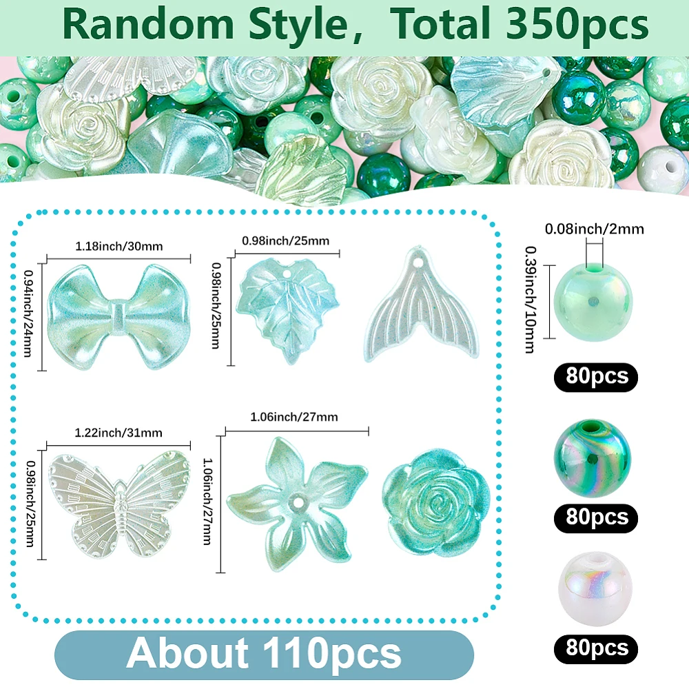 350Pcs Green Assorted Beads Kawaii Charms Beads Large Plastic AB Color Random Spring Bow Flower Round Butterfly Cute Phone Charm