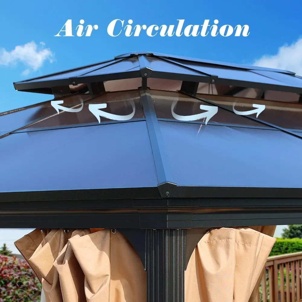 13 x 10 ft. Outdoor Aluminum Frame 2-Tier Polycarbonate Roof Gazebo, with Mosquito Netting and Curtains - Black