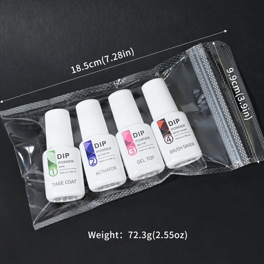 4Pcs/Set 4-Step Dipping Nail Powder System Liquid (10ml/Bottle) Base Coat/Top Coat/Activator Brush Saver Dip Powder NO Lamp Cure