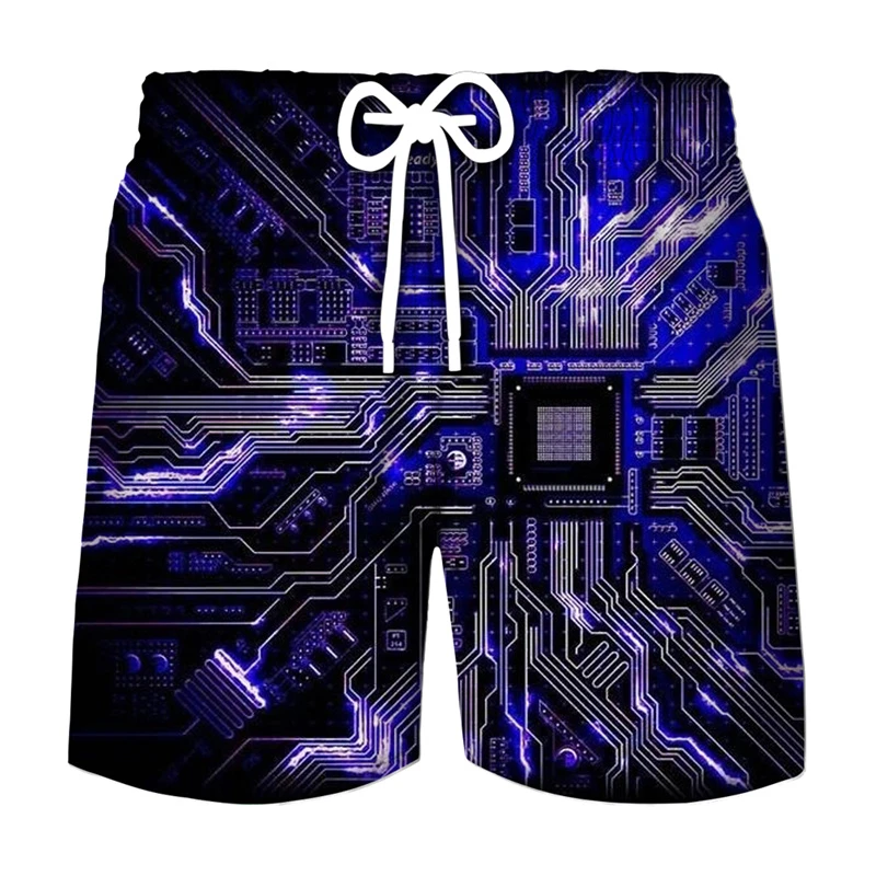 Circuit Board Graphic Shorts Pants Men Summer Hawaii Beach Shorts 3D Printing Electronic Chip Cool Swimsuit Gym Surf Swim Trunks