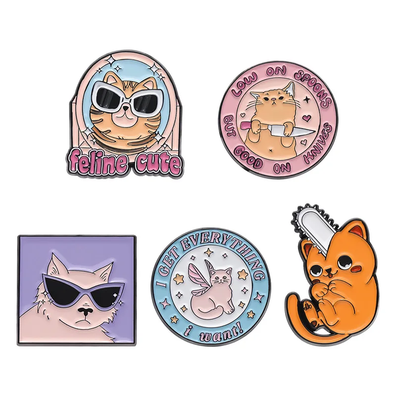 Cartoon Feline Cute Sunglasses Enamel Pins Creative Lovely Animal Cat Metal Brooches Clothes Shirt Lapel Badges Fashion Jewelry