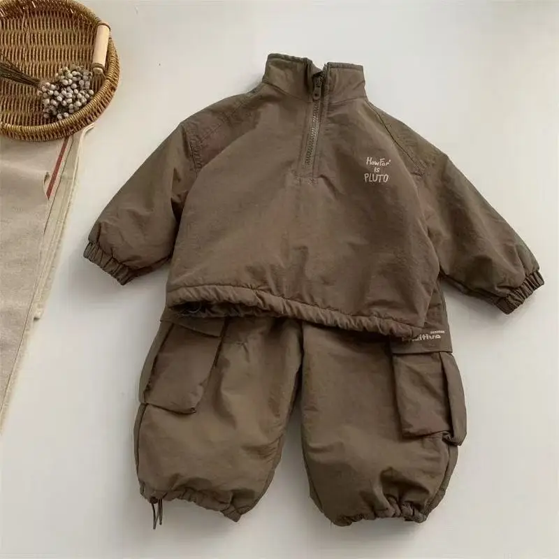 Children Autumn Winter Fleece-lined Half Zipper Hoddies+Pocket Pants 2pcs Boys Girls Casual Sport Set Kids Chirstmas Clothing