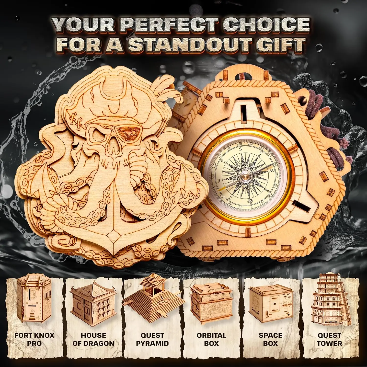 Caixa de quebra-cabeça 3D Blackbeard's Compass Escape Room - Caixa de dinheiro Brainteaser - Jogo de quebra-cabeça de madeira