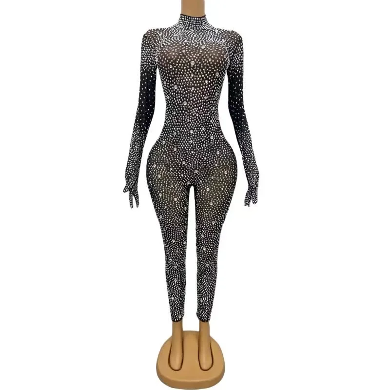 transparent Mesh Stones Bodysuit Pants Birthday Celebrate Outfit Evening Sexy Dance Costumes Silver Rhinestones Gloves Jumpsuit