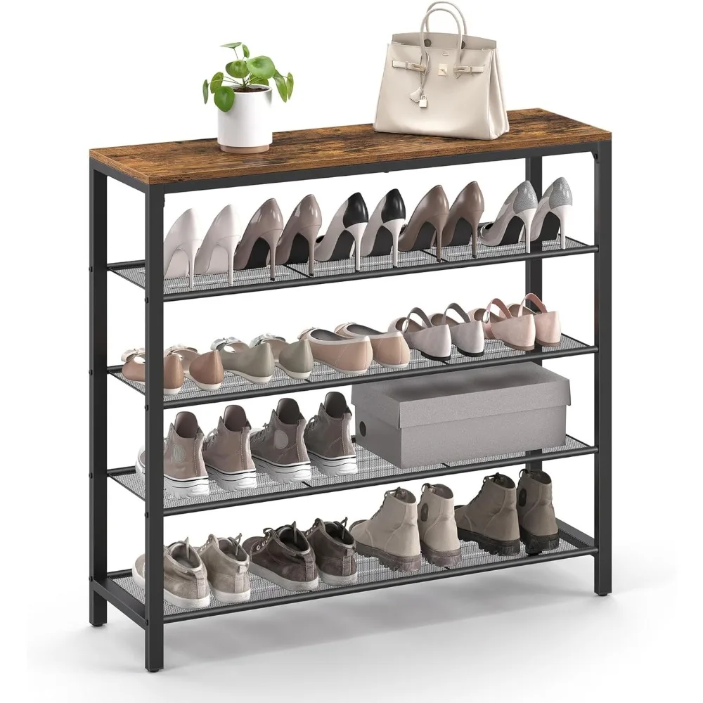 5-Tier Shoe Storage Organizer with 4 Metal Mesh Shelves for 16-20 Pairs and Large Surface for Bags, Shoes Cabinets