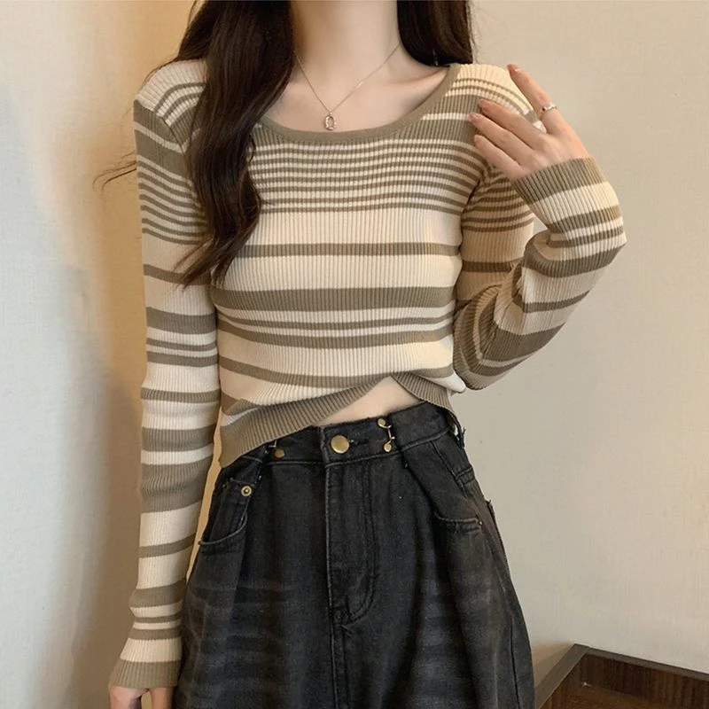 T-shirt lunga Sve a righe retrò Maglieria da donna Faion Abbigliamento interno Slim Fit Or Sle Top Primavera Autunno Stagione