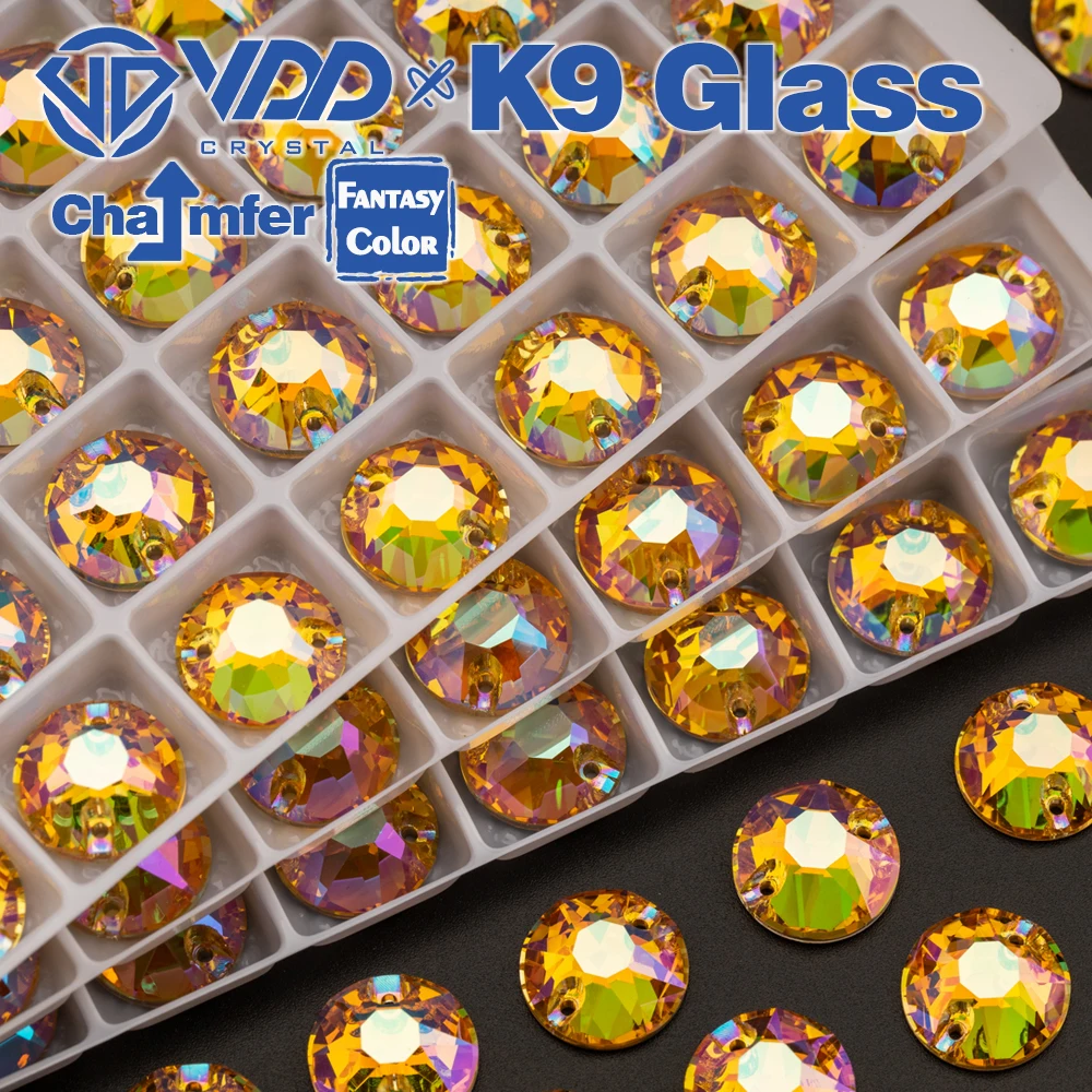 VDD 8B-8S 12mm 40Pcs Burning Sun Color Top Quality K9 Glass Sew On Rhinestone Sewing Crystal Flatback Garment Decoration