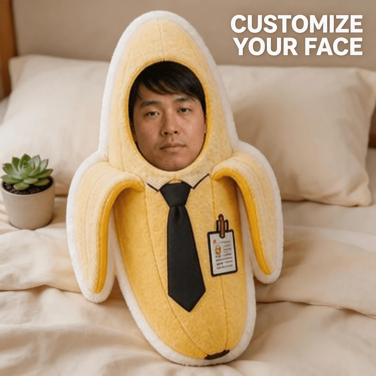 Custom Face Banana Shaped Pillow, Personalized Photo Decorative Cushion with Tie & ID Badge Design, 60cm Accent Pillow for Sofa