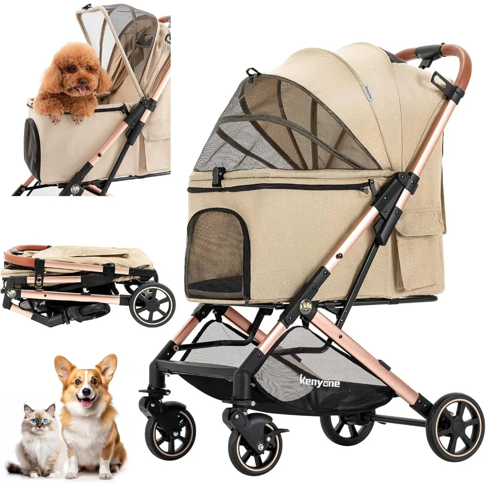 Pet Stroller for Small to Medium Dogs Durable Cat Stroller with Lightweight Aluminum Frame, One-Click Folding, No Zip Entry