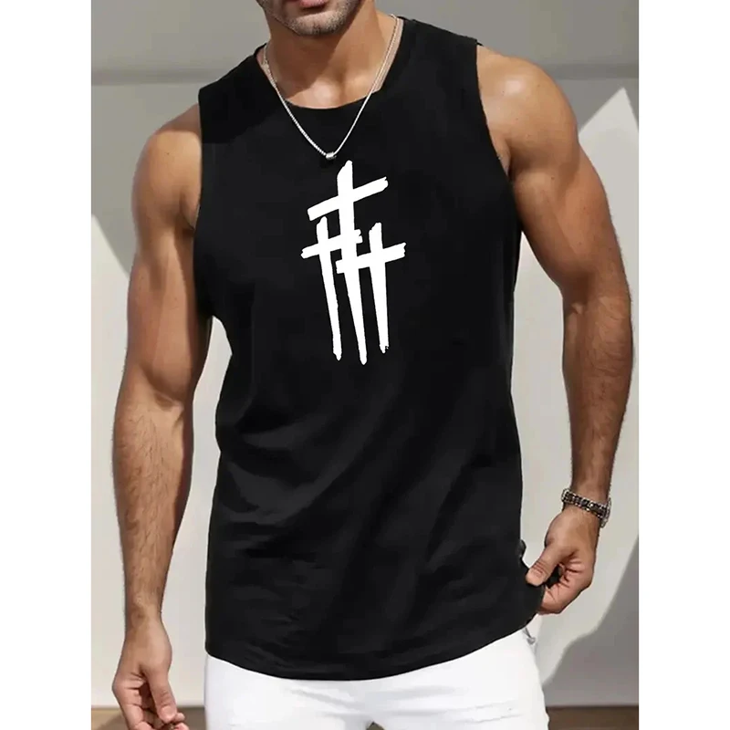 Cross Letter Graphic Print Men's Tank Top Summer Simple Fashion Gym Fitness Outdoor Training Sport Vest Men Sleeveless Shirt