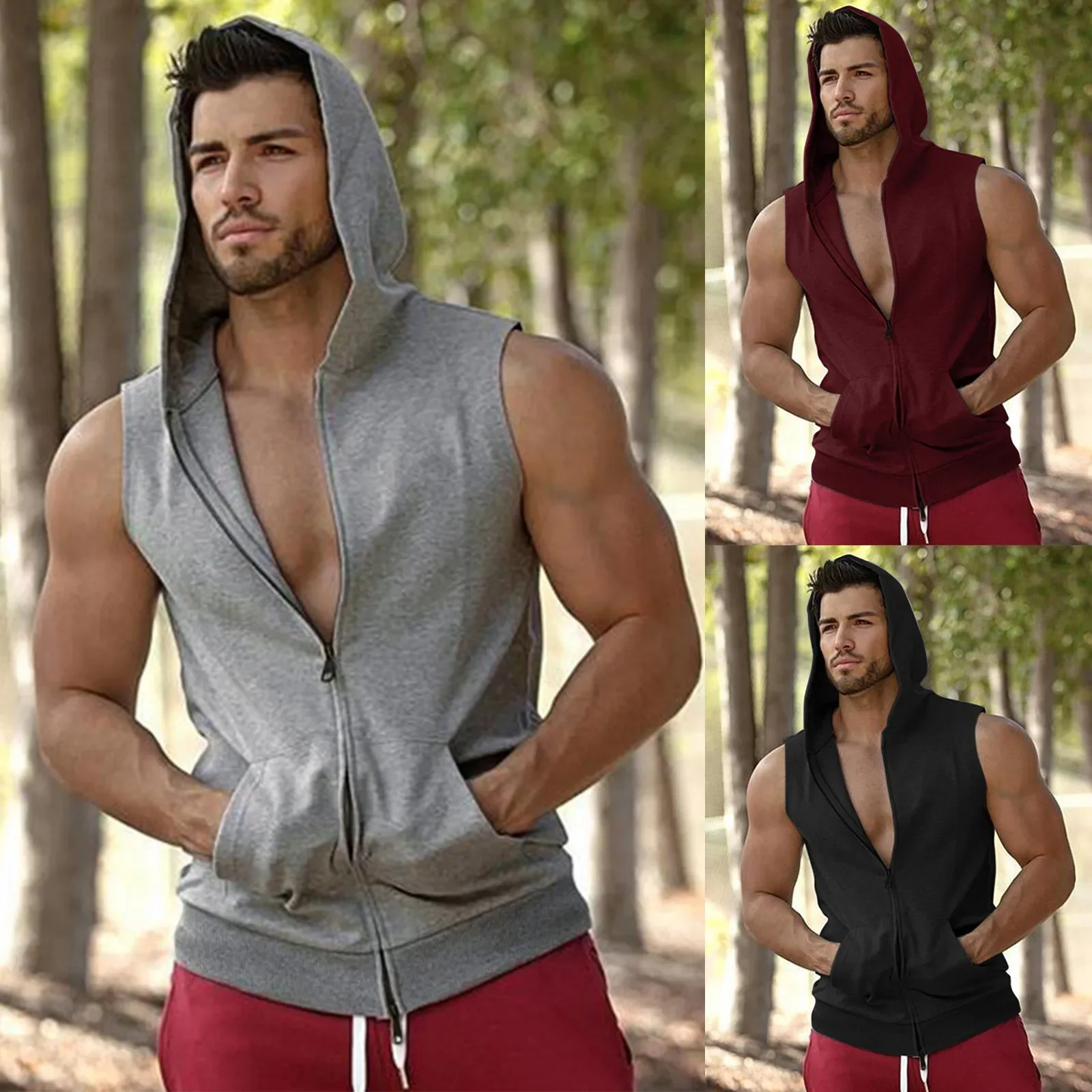 

Brand Gyms Hooded Double Zipper Tank Tops Men Bodybuilding Cotton Sleeveless Vest Sweatshirt Fitness Workout Sportswear Top Male