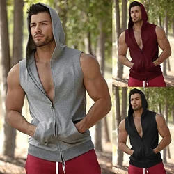 Brand Gyms Hooded Double Zipper Tank Tops Men Bodybuilding Cotton Sleeveless Vest Sweatshirt Fitness Workout Sportswear Top Male