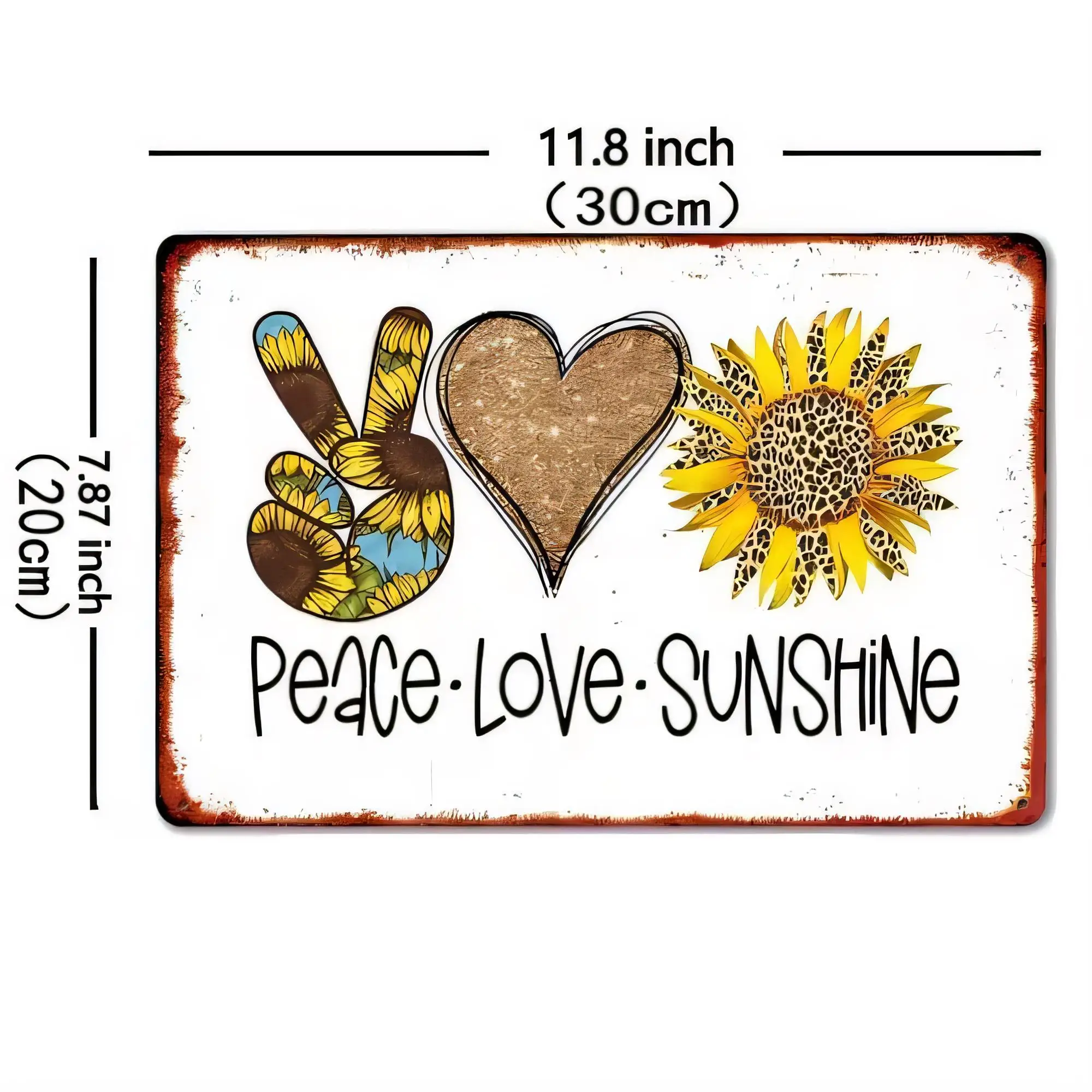 Tin Sign Vintage Sunflower Peace Love Sunshine Metal Wall Art 11.8In Rustic Farmhouse Retro Decorative Plaque for Living Room Be