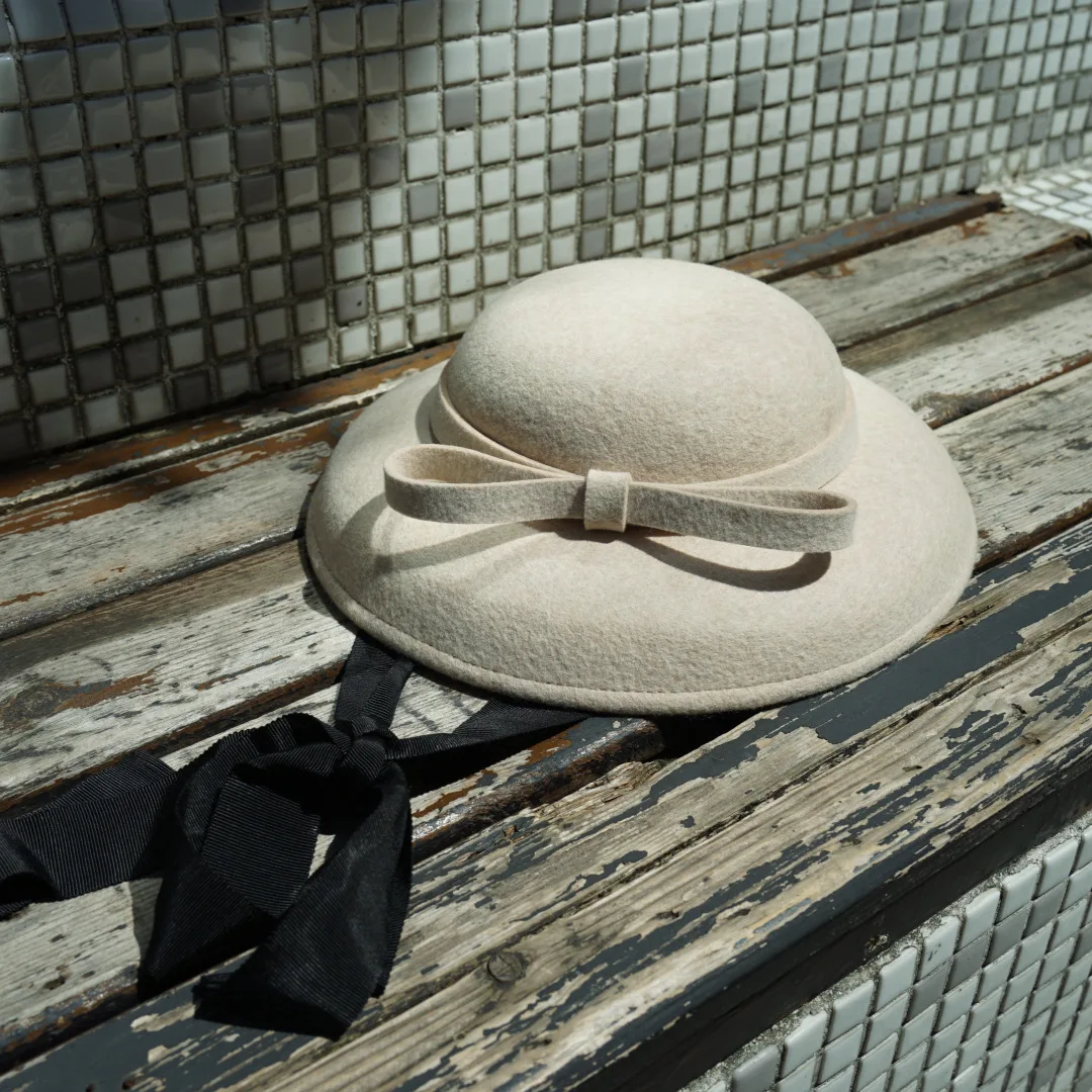 french-vintage-beige-bow-tie-cloche-100-wool-felt-hat-for-women-japanese-style-photo-shoot-dress-hat