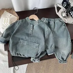 2024 New Autumn Girl Kids Denim Clothes Set 2-9T Toddler Boys Handsome Cowboy Suit Children Loose Long Sleeves 2PCS Outfits