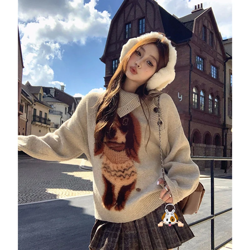 

MEXZT Harajuku Cartoon Sweater Women Fashion Sexy Off Shoulder Knitted Pullovers Streetwear Korean Knitwears Winter Jumpers New
