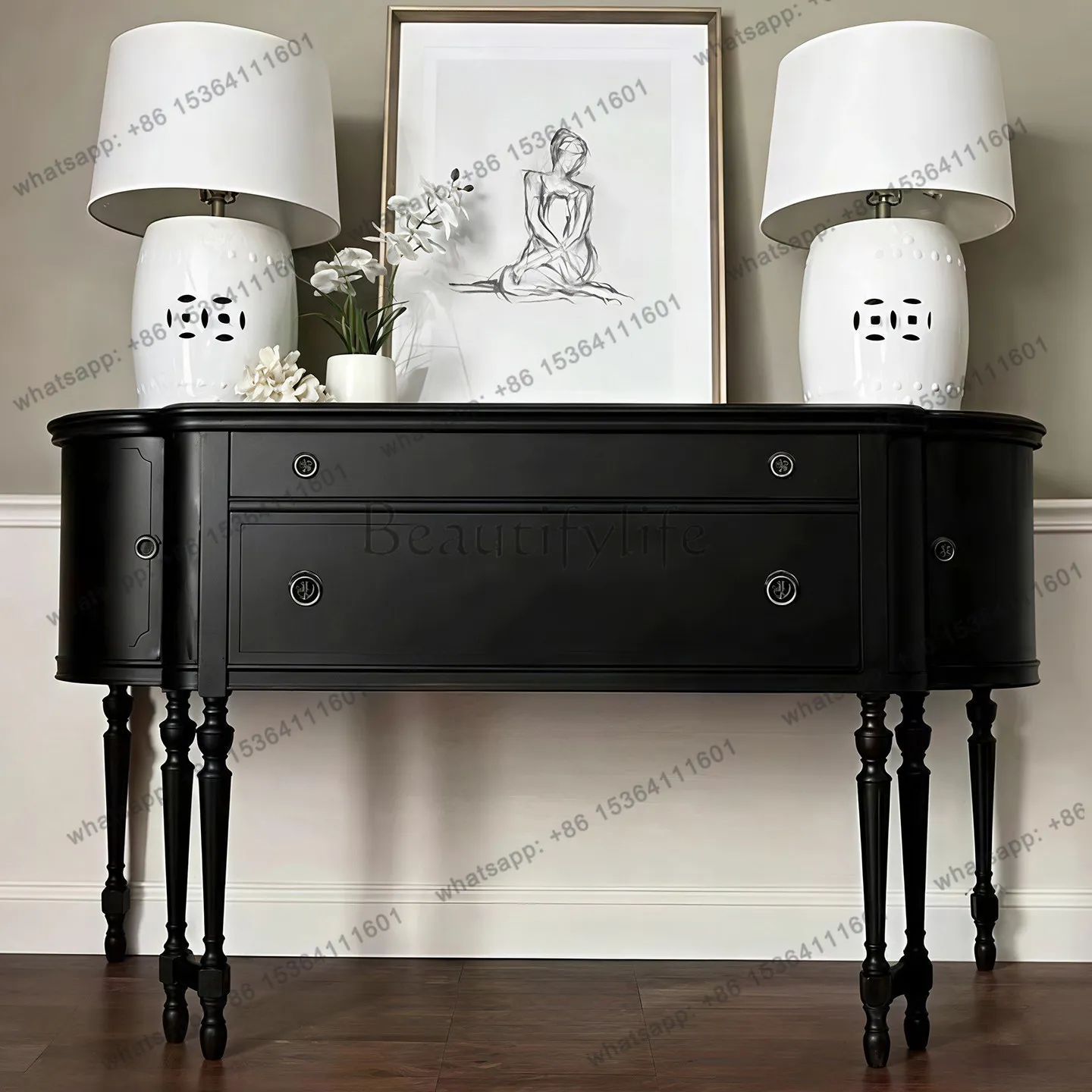 

American Country Solid Wood Entrance Cabinet Black Retro Locker Drawer Entrance Table