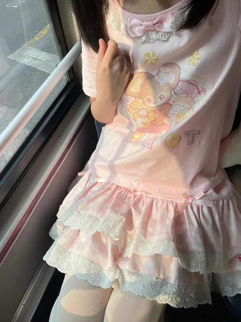 Japanese Style Summer Sweet Girl Cute Little Bear Print Short Sleeved Tops and Polka Dot Bow Short Skirt Sets Student Outfit