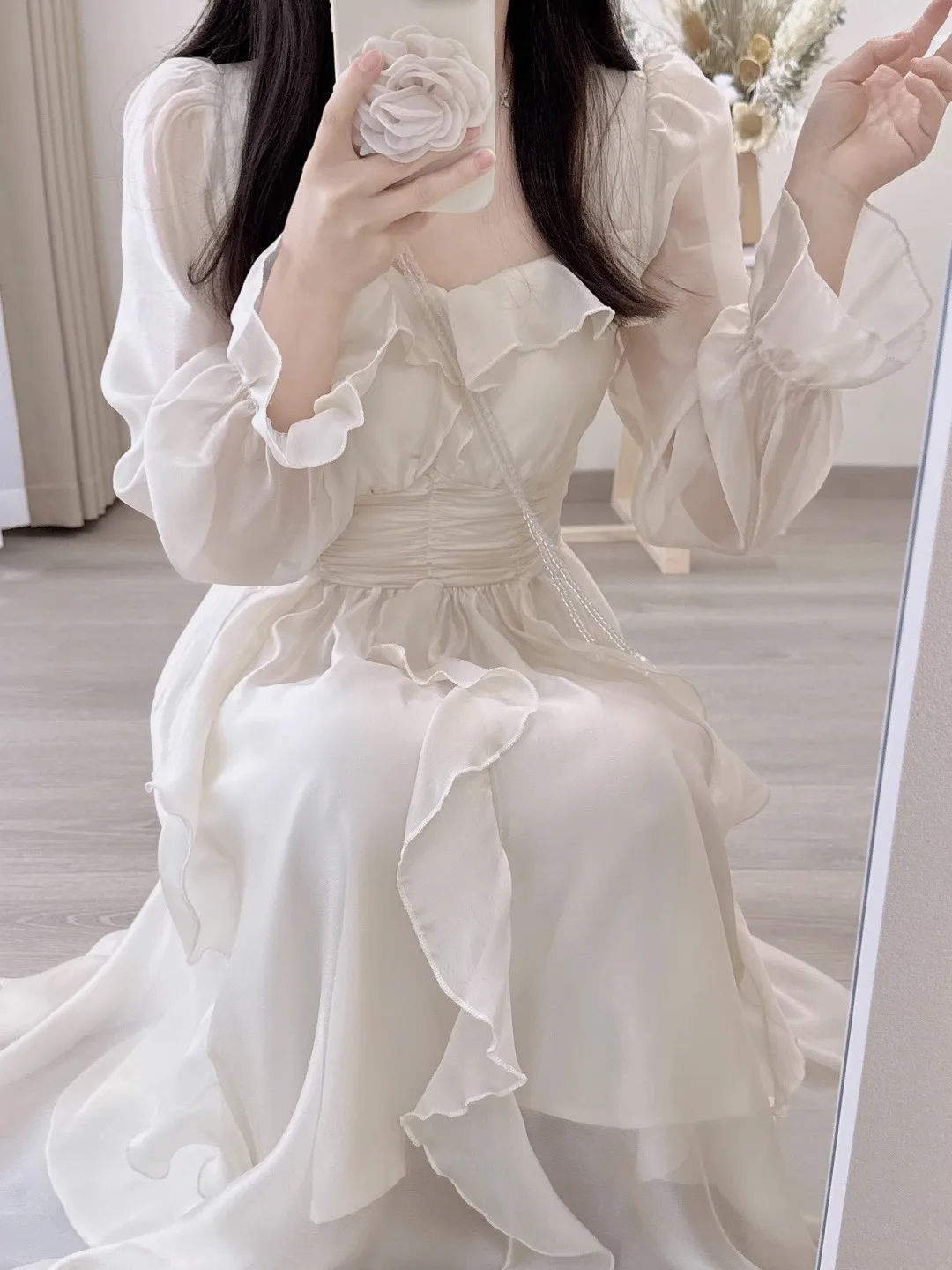 Elegant White Long Sleeve Princess Dress Women\'s High Waist A-Line Skirt Spring Autumn Season Sweet Style Tea Break Dress