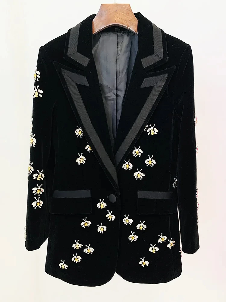 

Diamond Studded Bead Design Velvet Blazer For Women Black High Waist Long Sleeve Causal Jackets Female Fashion New