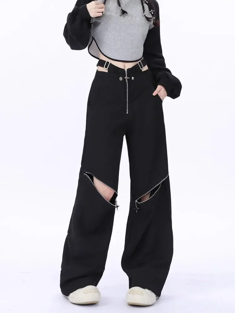 

HOUZHOU Y2K Black Cargo Pants Women Baggy Punk Style Zipper Trouser Hip Hop Gyaru Streetwear High Waist Pant Techwear Hollow Out