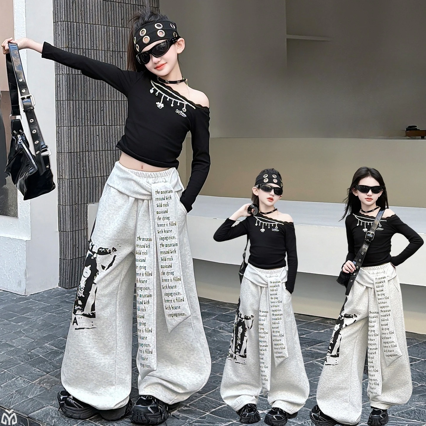 

Костюм для джазовых и уличных танцев для девочек-подростков: черный кружевной топ и спортивные брюки, детский сценический костюм для выступлений, комплект детской одежды