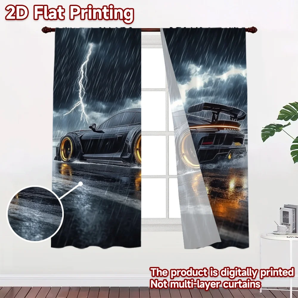 2D flat 2pcs Curtain French Romantic Style Lightning Storm Sports Car Digitally printed polyester Family Party Decoration