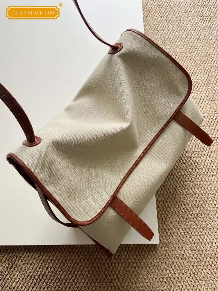 New Office Ladies Cowhide Patchwork Canvas Shoulder Bag Womens Large Capacity Casual Crossbody Bags Fashion Handbag Flap Bags