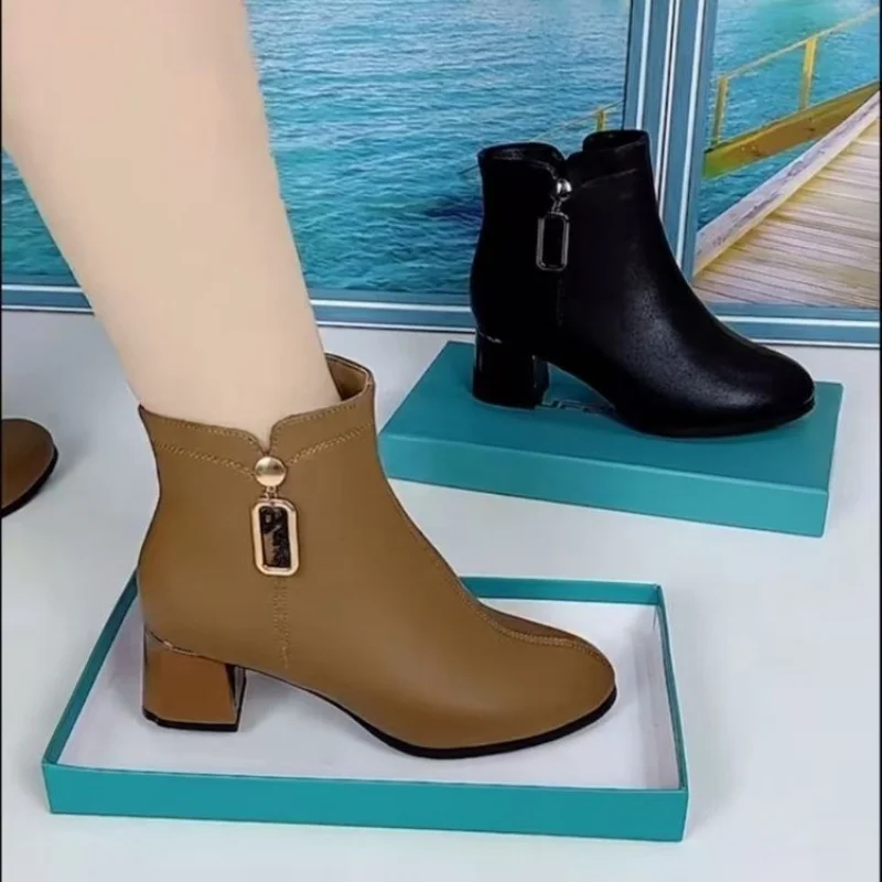 

Women's Khaki & Black Ankle Boots Chunky Heel Leather Boots with Side Zipper Casual Office Winter Shoes