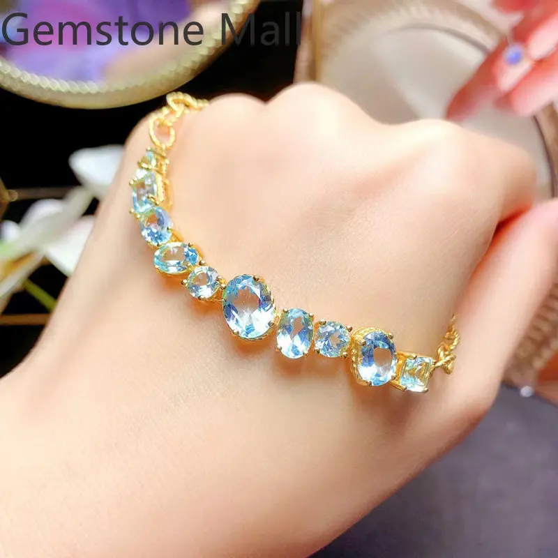 Total 8ct Natural Topaz Bracelet VVS Grade Sky Blue Silver Bracelet with 3 Layers Gold Plating Birthday Gift for Woman