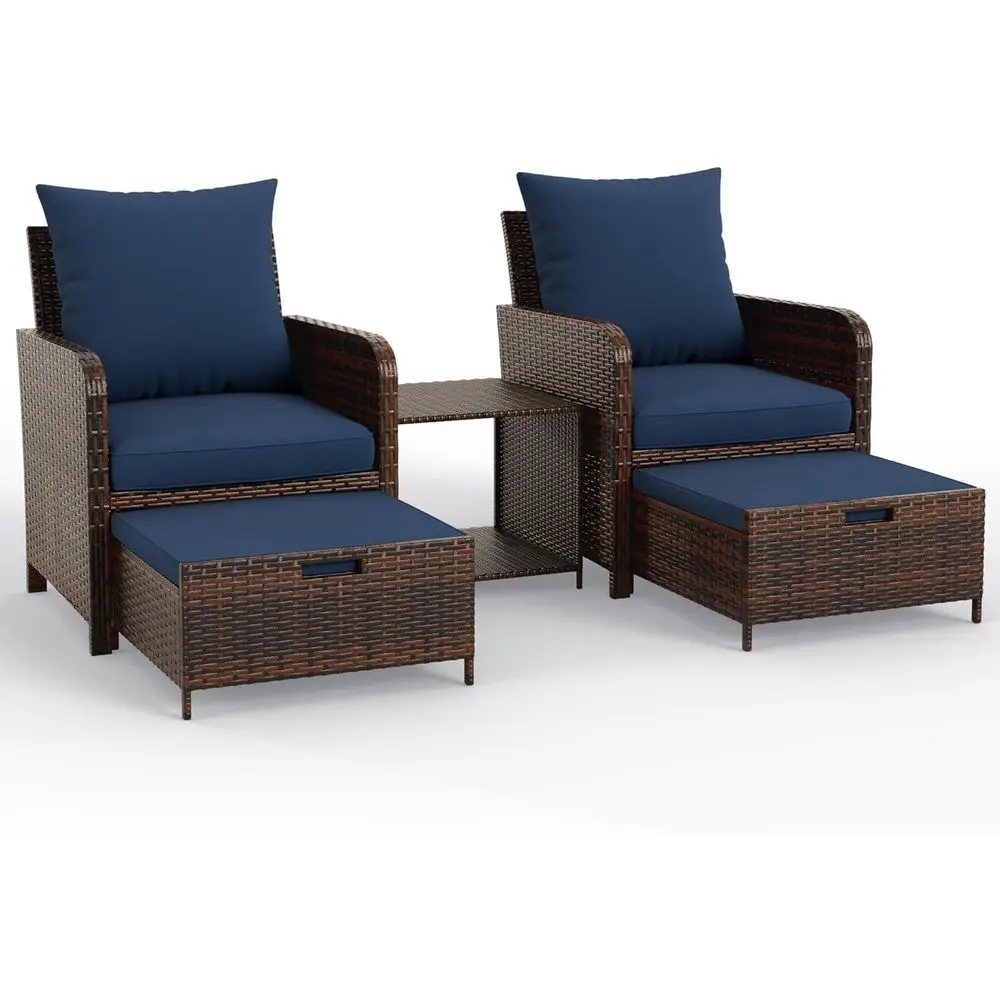 

5-Piece Patio Furniture Set with Blue Cushions and Hidden Ottoman for Balcony or Front Porch