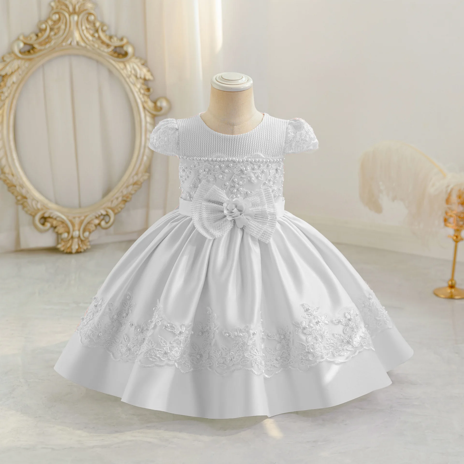 HETISO New Young Girls Dresses Beading 3D Bow Girl Princess Dress for Birthday Party Satin Baby Ball Gown 1-4 Years