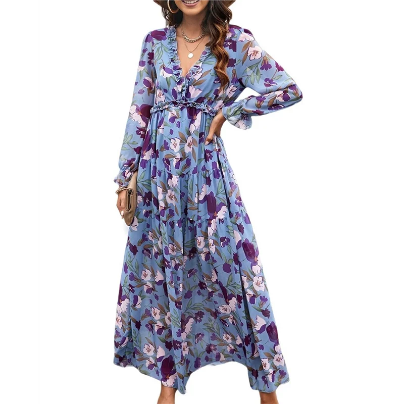 ASDS-Damska codzienna sukienka boho z głębokim dekoltem w serek i długim rękawem