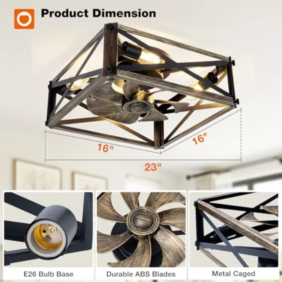 Caged Low Profile Ceiling Fans with Lights and Remote, Small Farmhouse Flush Mount Fandelier, 6 Speeds Reversible Ceiling Fan w view 5