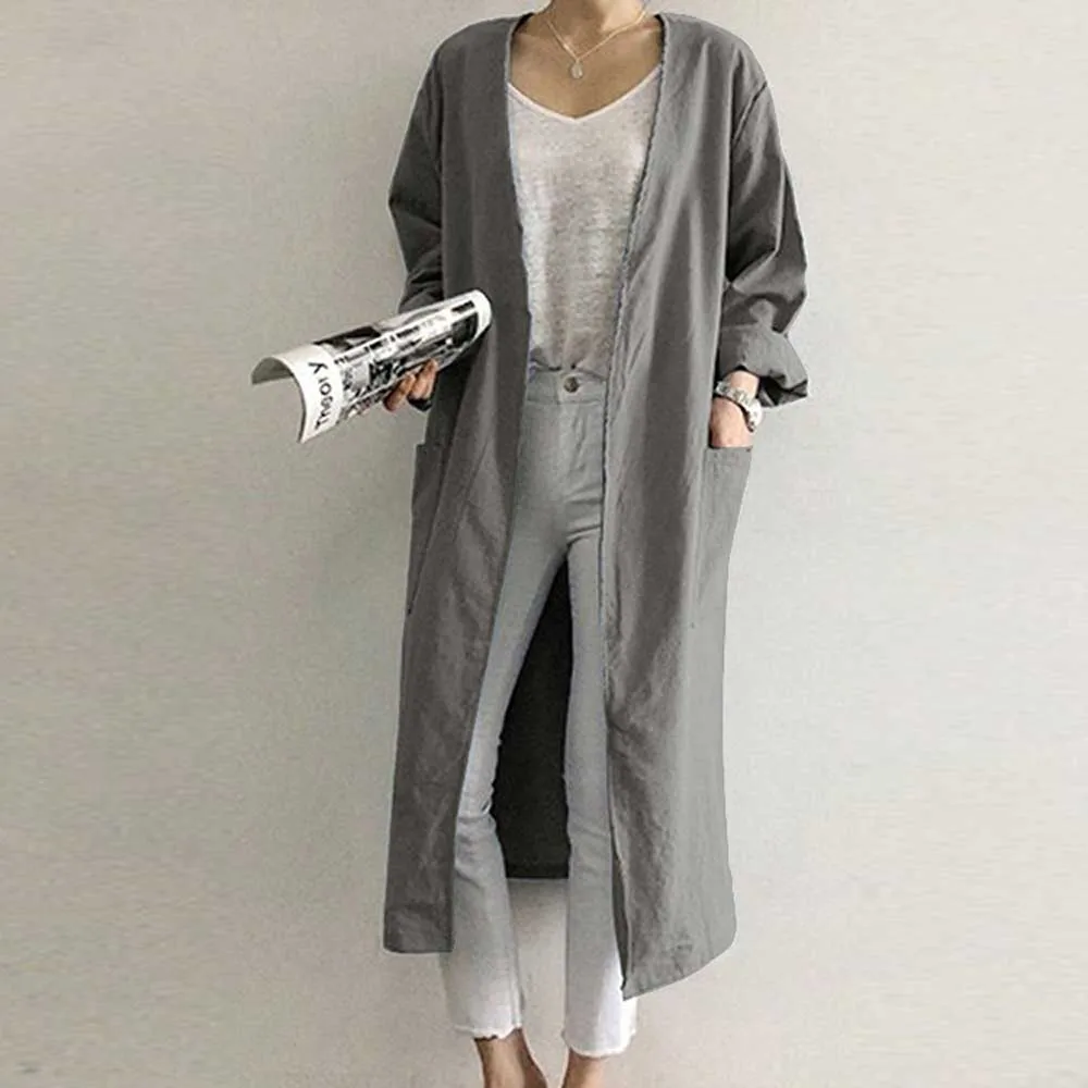 Women\'s X-Long Solid Trench Coats Korean Spring Autumn Pocket Long Sleeve Loose Cardigan Tops V-neck Straight Ladies Trench Coat