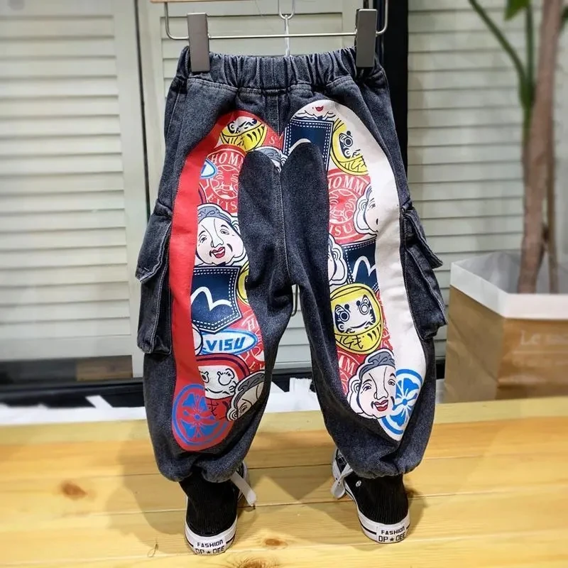 

Boys' Baby Pants Spring and Autumn 2023 Korean Edition Children's Printed Jeans Loose Fashion Workwear Pants