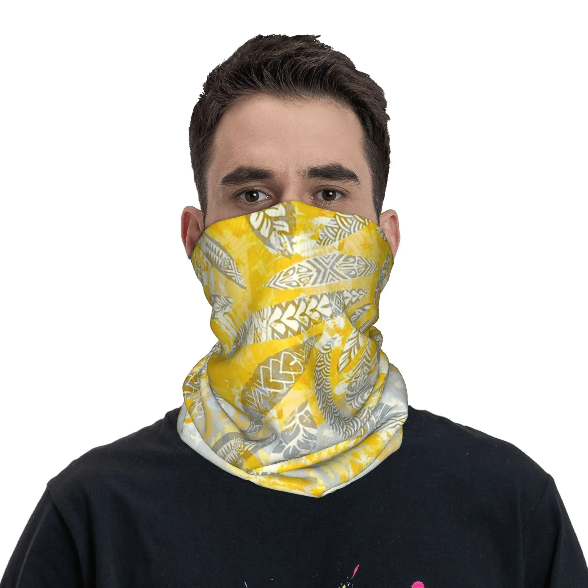 Hawaiian Samoan Tiare Golden Painted Tribal Leaves Bandana Neck Cover Printed Face Scarf Multifunction Headwear Riding Unisex
