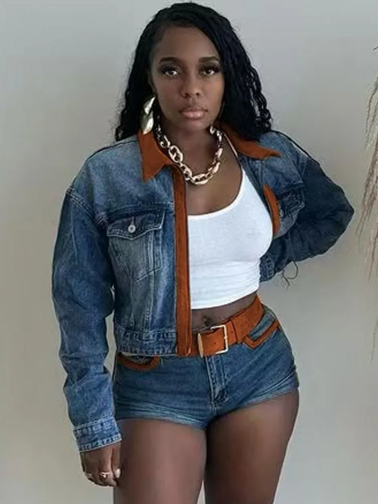 

Женские комплекты из 2 предметов, Новое поступление 2025 года, осенне-зимние одинаковые комплекты, джинсовый топ с длинными рукавами и джинсы, шорты, костюмы, одежда