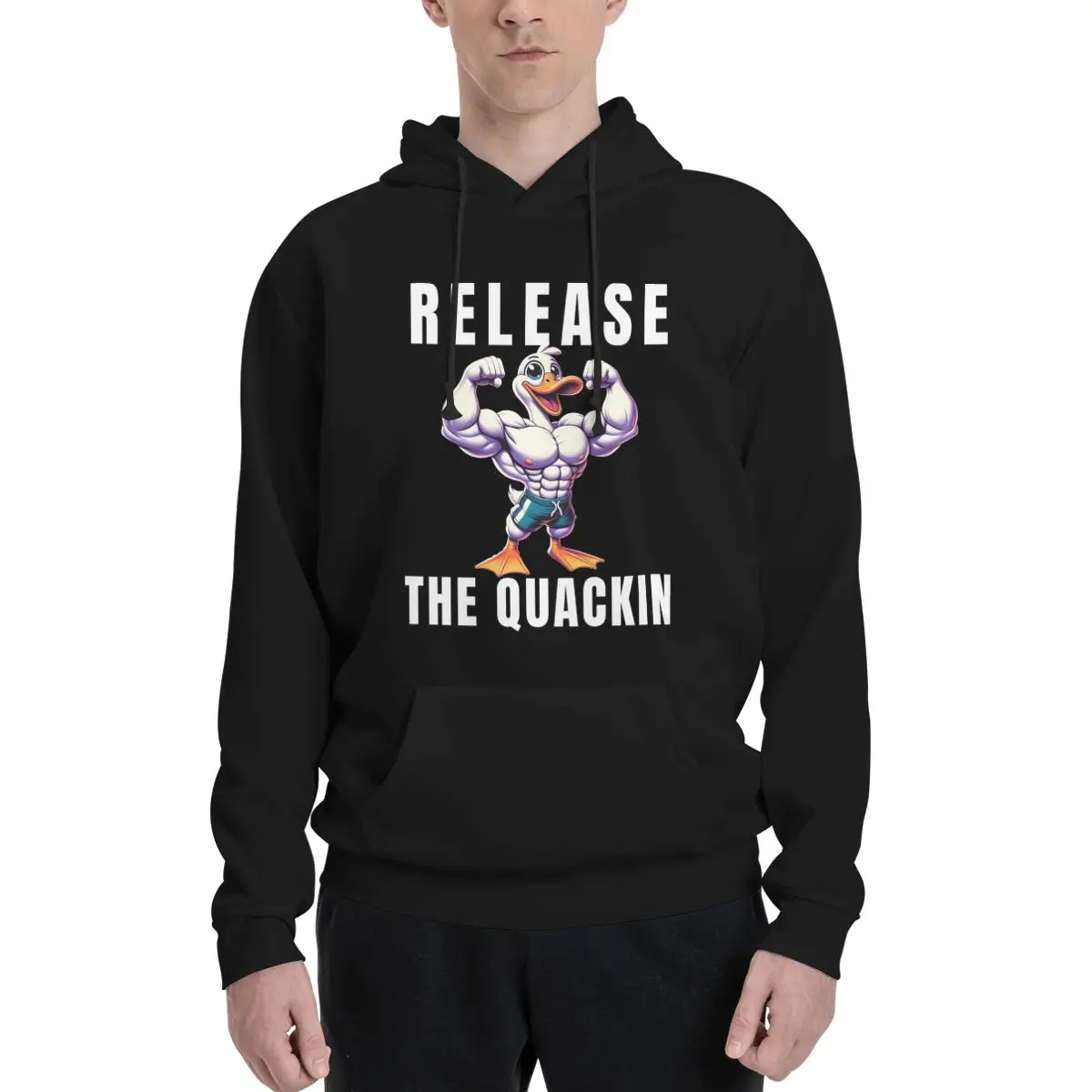 Men Bodybuilder Duck Gym Humor Release The Quackin Workout Hoodie Hooded Collar Hoodies Duck Muscle Meme Pullover Sweatshirts