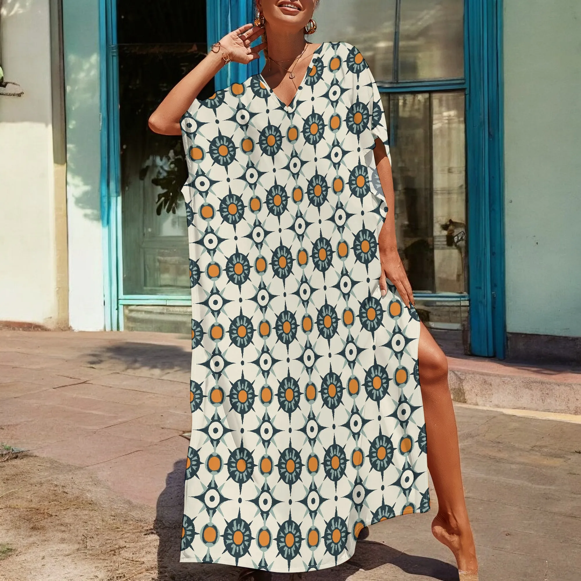 

Geometric Floral Kaftan Dress S-3XL Afro Style V-Neck Loose Gown for Summer Vacation or Art Festival