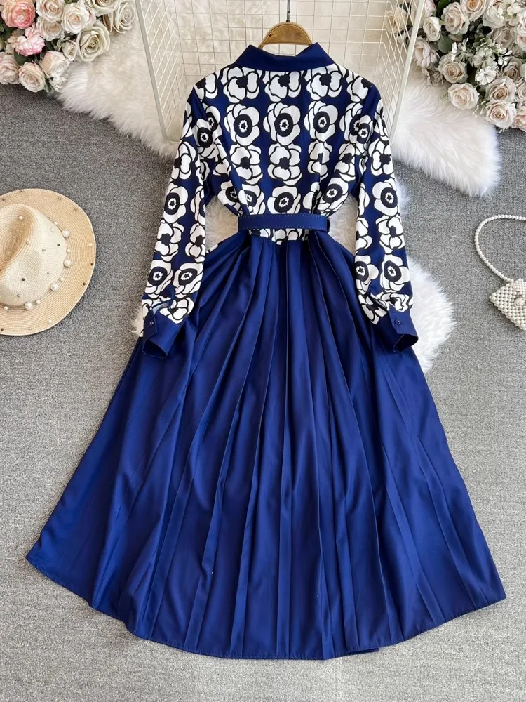 Fashion Designer Vintage Floral Print Maxi Dress Women Turn Down Collar Bow Lace Up Contrast Color Runway Long Robe Vestidos