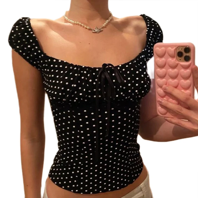 في سن المراهقة فتاة 00s ريترو لطيف ساحة تي شيرت بياقة البولكا نقطة Milkmaid الطفل تيز Coquette خمر كاب كم المحاصيل القمم Y2k تانك سترة